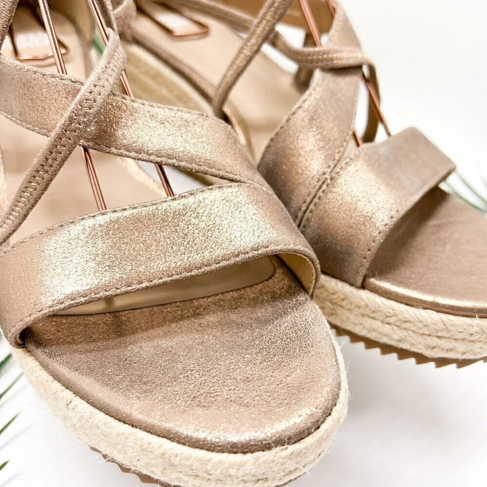 Eileen Fisher Wanda Metallic Nude Strappy Espadrille Wedge Sandal Size 9.5 NWOB